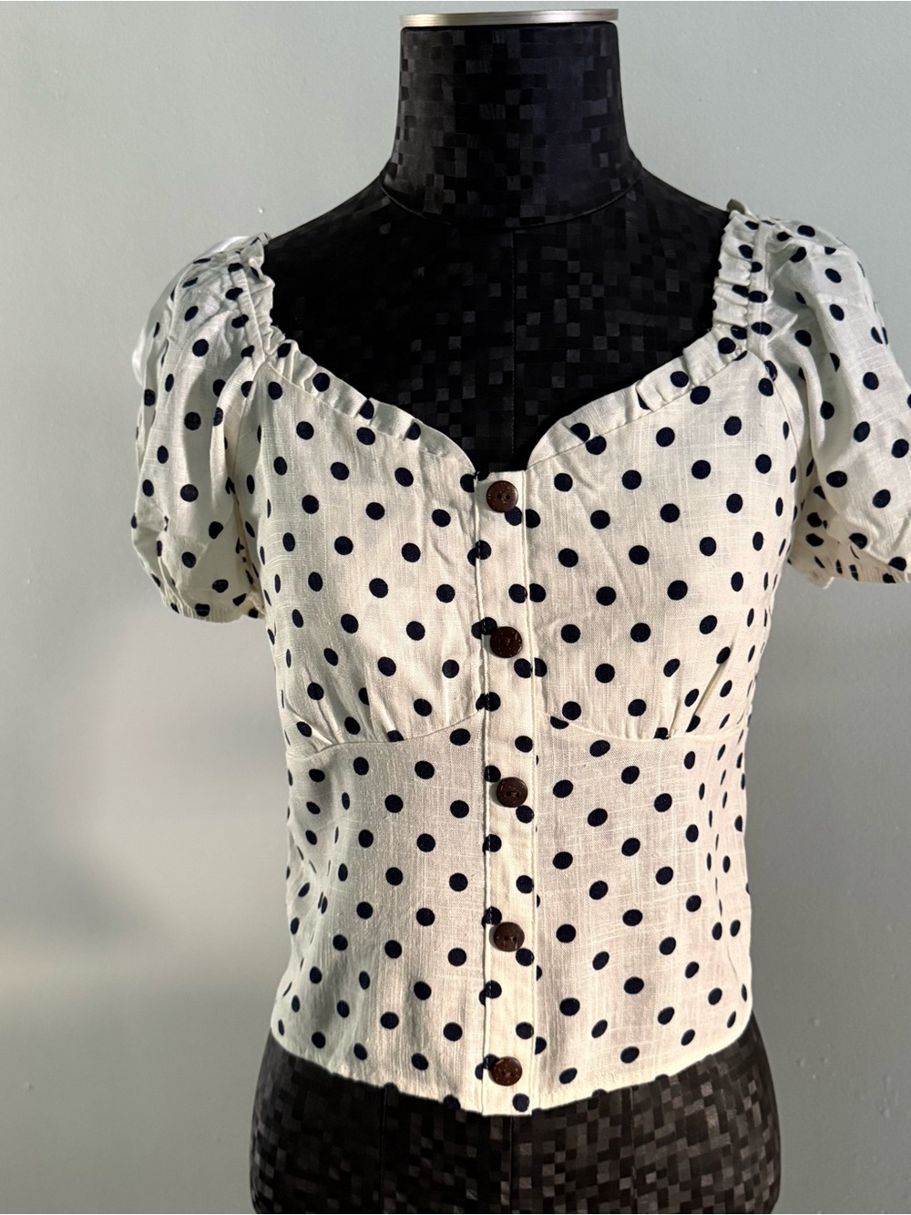 Monteau Los Angeles Button Puff Sleeve Crop Top Polka Dot Cream and Blue